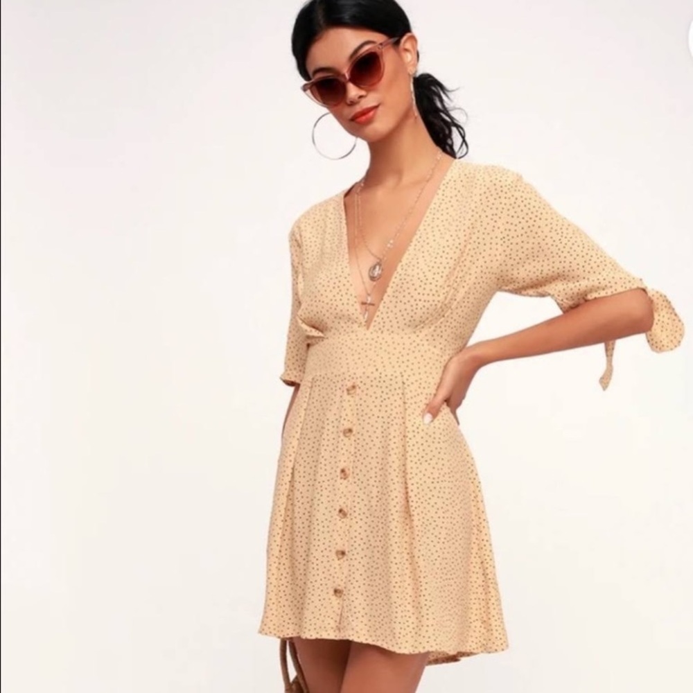 Faithful The Brand Crème Polka Dot Birgit Waist Tie Fit & Flare Dress Size M